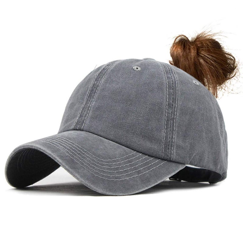 Eohak Ponytail Baseball Hat Distressed Retro Washed Womens Twill Grey - Image 1